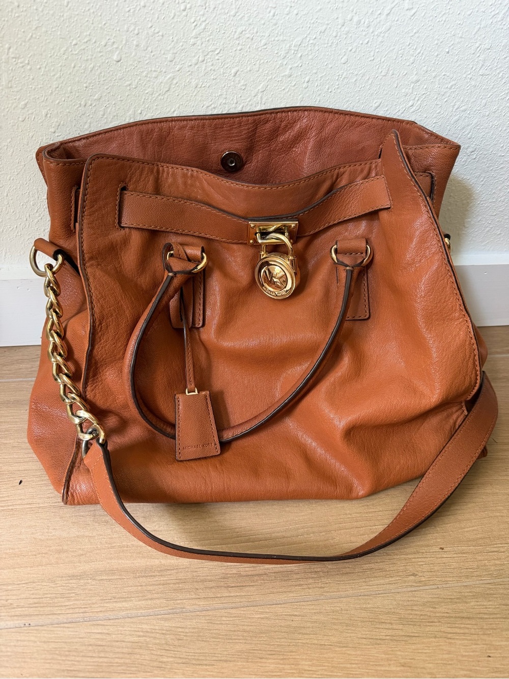 Michael Kors Cognac Leather Shoulder Tote with Gold Hardware